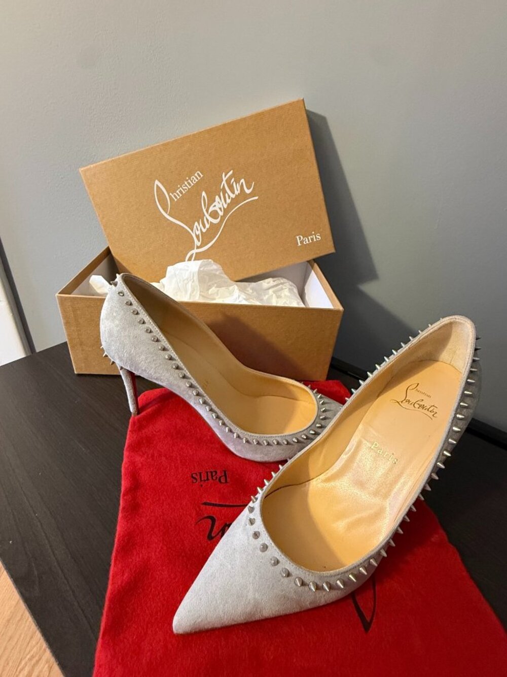 Christian Louboutin Anjalina 85 Gray Suede Pointed Heel - Size US 8 & EU 38